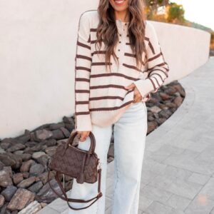 Sweet Espresso Stripe Ribbed Henley Slouchy Sweater
