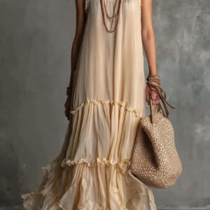Solid Flowy Pleated Boho Maxi Dress