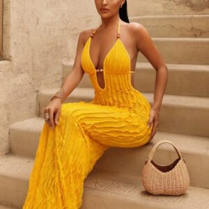 Jacquard Shutter Ruffle Backless Maxi Dress