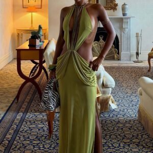 Halter Cutout Beaded Ruffle Maxi Dress