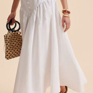 Stylish High-Waist Button Patchwork White Maxi Skirt
