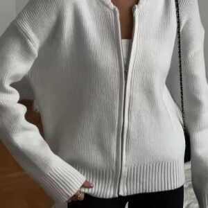 Crew-Neck Long-Sleeve Zip Solid Knit Cardigan