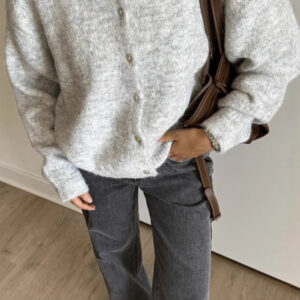 Grey Wool Shell Button Knit Cardigan