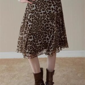 Leopard Draped Ruffled A-Line Midi Skirt
