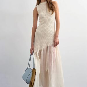 Ribbed Knit Mesh Splice Maxi Dress