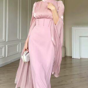 Glossy Flowy Sleeve Slim Maxi Dress