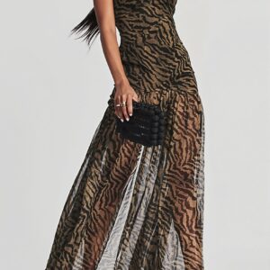 Strapless Zebra Sheer Slit Maxi Dress