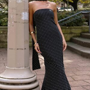 Polka Dot Strapless Tie Waist Slim Maxi Dress