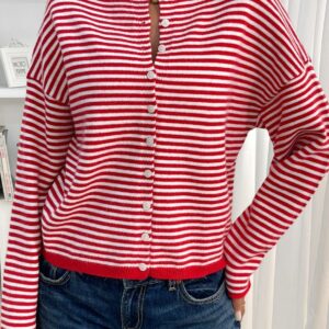 Striped Knit Round Neck Cardigan
