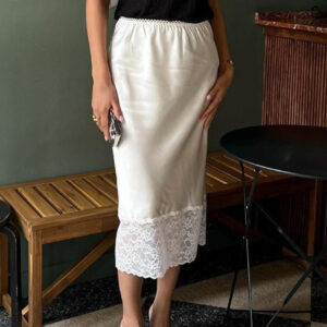 Solid Satin Lace Trim Bodycon Skirt