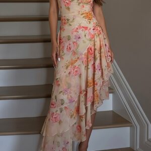 Irregular Hem Floral Halter Maxi Dress