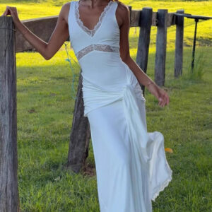 Lace Panel Bodycon With Tie Straps Maxi Dress